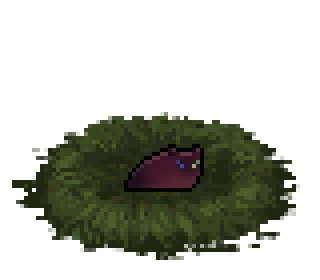 Pixel art of a newborn slugpup in a nest. It is dark red with point markings. Its eyes are closed, but one line is blue and one is green.